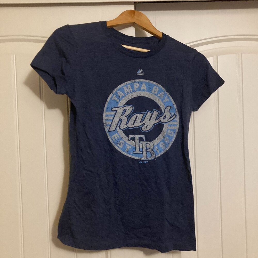 Tampa Bay Rays Shirt Medium Majestic Dark Blue Short Sleeve Cotton Blend MLB